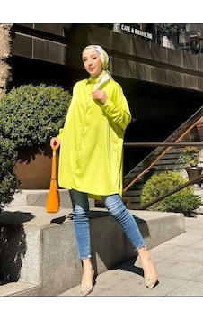 Vioshine Vıoshıne Kadın Yağ Yeşili Oversize Saten Gömlek - Yağ Yeşili Yeşil