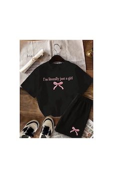Ss Sinser Yazlık I'm Pembe Kurdele Baskılı Kız Çocuk Siyah Alt-üst Şort T-shirt Takım Ss Sinser Yazlık I'm Pembe Kurdele Baskılı Kız Çocuk Siyah Alt-üst Şort T-shirt Takım