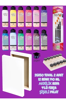 35x50 Tuval 2 Adet 12 Renk 140 Ml Akrilik Boya 4'lü Fırça Şişeli Palet 35x50 Tuval 2 Adet 12 Renk 140 Ml Akrilik Boya 4'lü Fırça Şişeli Palet