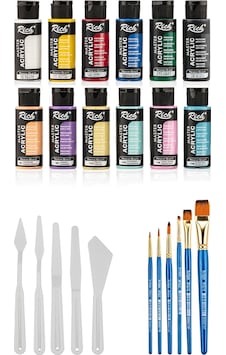Mastermix Akrilik Boya Seti 60 Cc 6 Ana Renk 6 Pastel Renk Plastik Spatula Seti Akrilik Set Çok Renkli