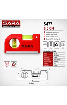 Sara S477 Mıknatıslı Mini Su Terazisi 8,5 Cm, 2 Kapsüllü, Abs Plastik Gövde Sara S477 Mıknatıslı Mini Su Terazisi 8,5 Cm, 2 Kapsüllü, Abs Plastik Gövde