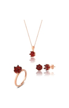 Zanaatsilver 925 Ayar Gümüş Garnet Taşlı Rose Kaplama Lotus Çiçeği Takım & Set