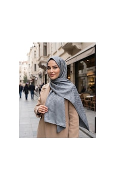 Nukra Pamuk Jakarlı Şal Halka Desen Kadın Tesettür Başörtüsü 70x190 Cm Buz Mavisi