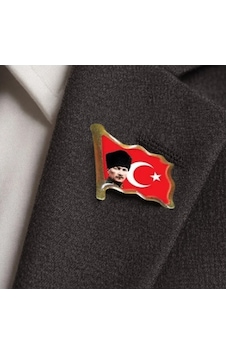 Atatürk Dalgalı Bayrak Rozet Türk Bayrağı Yaka Rozeti - 2 Adet Altın
