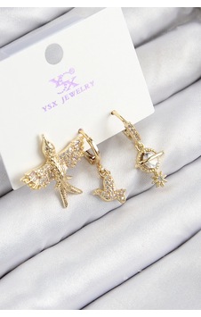 Mey İthalat Pirinç Zirkon Taşlı 3'lü Kuş Model Gold Renk Kadın Küpe Çok Renkli