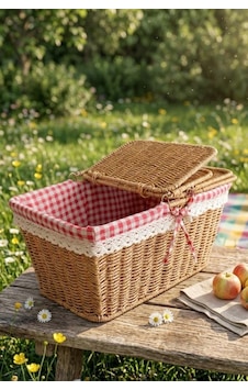 Atbyhome Hasır Piknik Sepeti Dikdörtgen Kapaklı Ve Bezli Rattan Sepet Organizer 39x27x18 Kahverengi