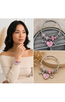 Premium Parlak Ve Şık Gümüş Renk Pembe Kalp Ve Fiyonk Figürlü Charm Kadın Bijuteri Bileklik 20cm Gümüş - Pembe Premium Parlak Ve Şık Gümüş Renk Pembe Kalp Ve Fiyonk Figürlü Charm Kadın Bijuteri Bileklik 20cm Gümüş - Pembe