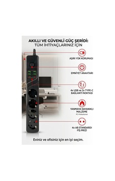 Akıllı Akım Korumalı Priz 4'lü Ab Standart Priz + 4x Usb & 2x Type-c Hızlı Şarj Portlu, Emniyet Anahtarlı Güç Şeridi - 936839411