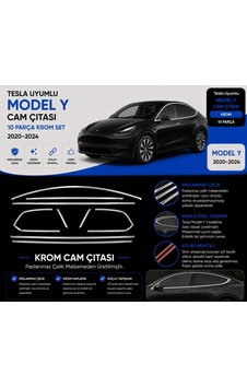 Tesla Model Y 2020 - 2024 Krom Tam Tur Cam Çıtası 10 Parça