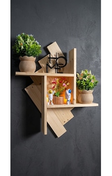 Dekoratif Ahşap Duvar Rafı 60x50x10 Cm - Çift Taraflı Bantlı Montaja Hazır - Vidasız Duvar Kitaplığı Bej