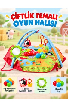 Çiftlik Temalı 10 Toplu Bebek Oyun Halısı Askılı Oyuncaklı Yumuşak Canlı Renkli Eğitici Oyun Halısı
