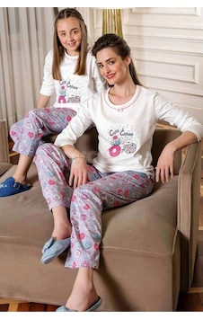 Yeni Inci Kız Çoc.Bisiklet Yaka U.Kol Pijama Takm (274) (5-6 Yaş) 5-6 Yaş-110-Ekru Çok Renkli