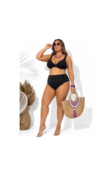 Büyük Beden Balenli Kapsız Ayarlanabilir Askılı Toparlayıcı Yüksek Bel Kadın Bikini Takım Siyah