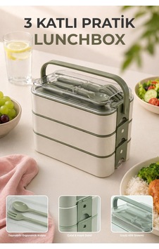 3 Katlı Bölmeli Lunchbox - Kilitli - Taşıma Saplı - Kaşık & Çatal Dahil G-770 Haki Haki