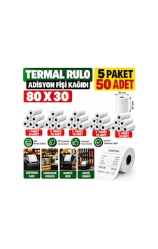 80x30 Adisyon Fişi Adisyon Kağıdı Yazıcı Rulosu Termal Rulo 5 Paket 50 Adet 80x30 Adisyon Fişi Adisyon Kağıdı Yazıcı Rulosu Termal Rulo 5 Paket 50 Adet