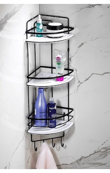 3 Katlı Kancalı Yapışkanlı Banyo Köşe Rafı – Ayarlanabilir Kristal Raf (Yapıştır/Vidala) Siyah-Beyaz - LK-03 - SBSK