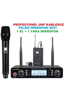 Profesyonel Uhf Kablosuz Telsiz Mikofon Seti 1 El + 1 Yaka Mikofon