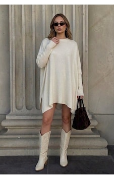 Onno Style Women Düz Triko Standart Panço Ekru Onno Style Women Düz Triko Standart Panço Ekru