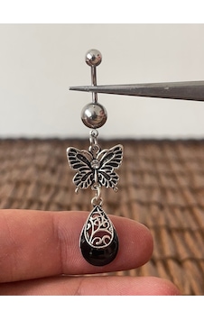 316 L Cerrahi Çelik Siyah Kelebek Göbek Piercingi Gümüş 316 L Cerrahi Çelik Siyah Kelebek Göbek Piercingi Gümüş