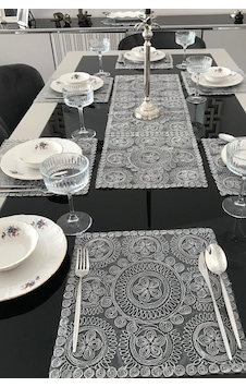 Fransız Dantelli Runner Ve Supla Takımı 1 Runner, 6 Supla - Gri Çok Renkli Fransız Dantelli Runner Ve Supla Takımı 1 Runner, 6 Supla - Gri Çok Renkli