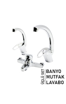 Lunaev 3lü Set Banyo - Evye Mutfak - Lavabo Aç Kapa Mix Batarya Musluk Açık Gri