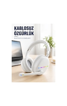 Kullanışlı Kablosuz Bluetooth Mikrofonlu Beyaz Kulaklık Rgb Işıklı