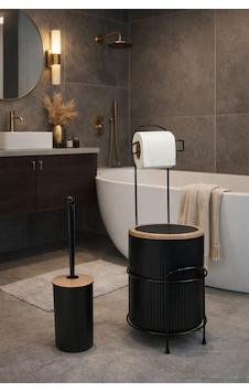 Modern Banyo Seti Kapaklı Çöp Kovası, Tuvalet Kağıtlığı Ve Wc Fırçası Minimal Tasarım Siyah