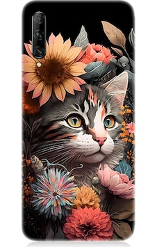 Huawei P Smart Pro Uyumlu Silikon Kılıf Çiçekler Ve Kül Gri Kedi Huawei P Smart Pro Uyumlu Silikon Kılıf Çiçekler Ve Kül Gri Kedi