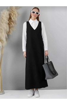 Butik Ayvitrin Kadın V Yaka Astarsız Jile Elbise Siyah