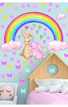 Gökkuşağı Sevimli Tavşanlar Yıldızlar Ve Kalpler Çocuk Odası Duvar Sticker