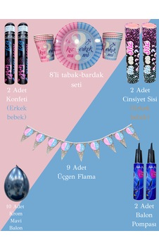Cinsiyet Partisi Seti Konfeti, Sis,Tabak-Bardak,Flama,Balon
