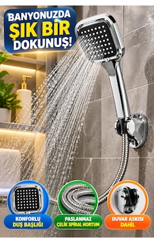 Kare Duş Başlığı Seti Krom Görünümlü El Duşu Çelik Spiral Hortum Ve Duvar Askısı Banyo Duş Seti 3'lü Gri
