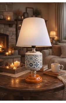 Abajur - Oval Ceramic Desen Beyaz Şapka Gümüş Beyaz - Kahverengi Abajur - Oval Ceramic Desen Beyaz Şapka Gümüş Beyaz - Kahverengi