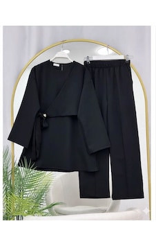 Lovie Moda Kruvaze Bağlamalı İkili Takım Siyah Lovie Moda Kruvaze Bağlamalı İkili Takım Siyah