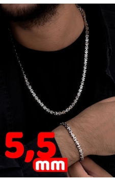 Erkek Gümüş Kolye Bileklik Set - 5.5mm Euro Kral Zincir Oksitli Erkek Gümüş Kolye Bileklik Set - 5.5mm Euro Kral Zincir Oksitli