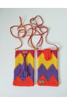 Kemzey Handmade Wayuu Telefon Çantası, El Yapımı Örgü Telefon Çantası Mor - Turuncu Kemzey Handmade Wayuu Telefon Çantası, El Yapımı Örgü Telefon Çantası Mor - Turuncu