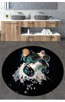 Glasses Dog Çap Banyo Halısı Djt 120x120 cm, Banyo Halısı , Banyo paspası yıkanabilir Siyah