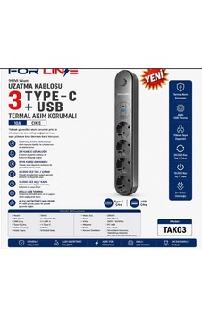 Forline Tak03 4'lü 2mt 1type-c+2usb Çıkışlı Akım Korumalı Grup Priz 2 M