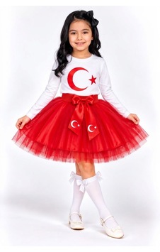 Trendmirend 23 Nisan Ve 29 Ekim Uz Kol Baskılı Ay Yıldızlı Tişört Kırmızı Tütü Etegi Kırmızı- Beyaz