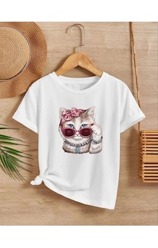 Barlashive Kız Çocuk Bisiklet Yaka Baskılı T-shirt - Beyaz Çok Renkli
