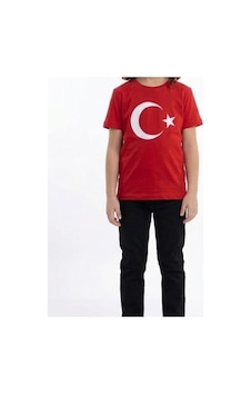Es Eyüp Selda Kız Çocuk Ay Yıldız Türk Bayraklı Kısa Kollu Tişört Kırmızı