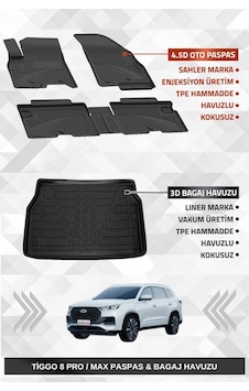 Sahler Chery Tiggo 8 Pro / Max 2022-2025 Uyumlu 4.5d Premium Havuzlu Paspas Ve Liner Marka 3d Bagaj