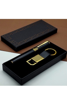 Hediyelik Siyah Kalem Ve Gold Deri Anahtarlık Kutulu Set