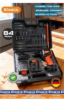Böhrer Ba011170 Yeni Model 84 Parça Çift Akülü Kömürsüz Darbeli Tork Ayarlı Şarjlı Akülü Vidalama Matkap Böhrer Ba011170 Yeni Model 84 Parça Çift Akülü Kömürsüz Darbeli Tork Ayarlı Şarjlı Akülü Vidalama Matkap