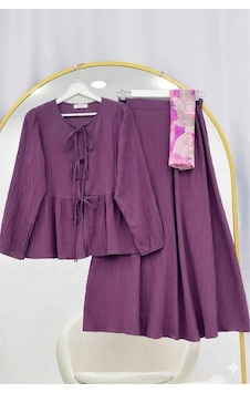 Lovie Moda Önü Bağlamalı Kol Lastikli Etekli Takım Mor Lovie Moda Önü Bağlamalı Kol Lastikli Etekli Takım Mor