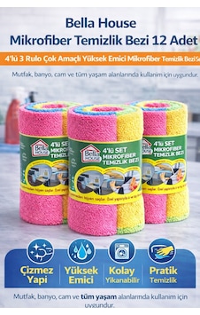 Bella House Mikrofiber Temizlik Bezi 12 Adet 4'lü 3 Rulo Çok Amaçlı Yüksek Emici Mikrofiber Temizlik Bezi Seti Çok Renkli Bella House Mikrofiber Temizlik Bezi 12 Adet 4'lü 3 Rulo Çok Amaçlı Yüksek Emici Mikrofiber Temizlik Bezi Seti Çok Renkli