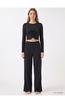 Cottonill Premium - Serene Collection Antrasit Rib Dokulu Önden Bağlamalı Viskon 3'lü Kadın Pijama Takımı Cottonill Premium - Serene Collection Antrasit Rib Dokulu Önden Bağlamalı Viskon 3'lü Kadın Pijama Takımı