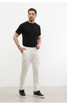 Blue White Erkek Beli Lastikli Likralı Pantolon Beyaz