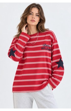 Mevese Kadın Oversize Paris Baskılı Çizgili Bisiklet Yaka Sweatshirt - Kırmızı Mevese Kadın Oversize Paris Baskılı Çizgili Bisiklet Yaka Sweatshirt - Kırmızı
