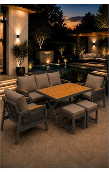 Garden Balkon Takımı, Antrasit Bahçe Takımı 5+1 Masa 70x110 3lü Koltuk 70x180 Tekli Koltuk 70x70 2 Adet Puf Cappiccino
